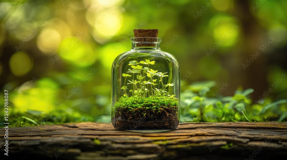 A lush miniature rainforest growing inside a sealed bottle with high humidity. A lush miniature rainforest growing inside a sealed bottle with high humidity.