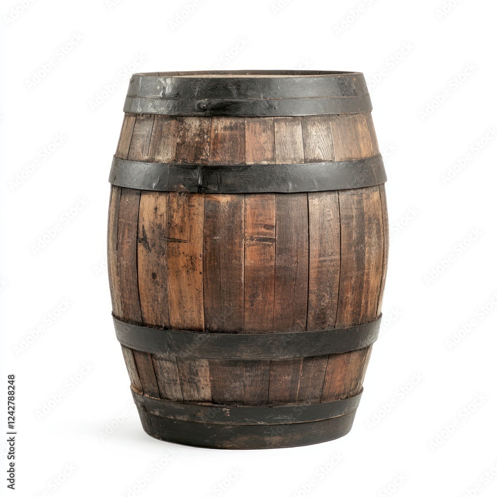 Old wooden barrel, studio shot, white background, rustic storage Old wooden barrel, studio shot, white background, rustic storage