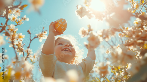 Happy Girl Holding Easter Egg in a Flower Field. AI Generated Images

 photo