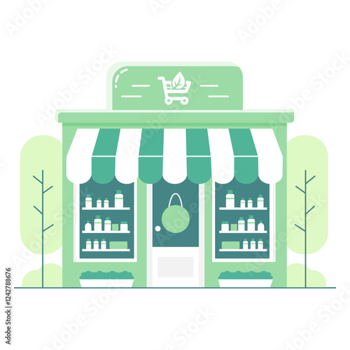Green and White Eco-Friendly Store with Shopping Cart Symbol and Leafy Logo