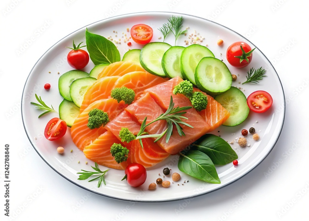 Gourmet Restaurant Starter: Raw Salmon, Tomato, Cucumber, & Herbs on Elegant Plate Gourmet Restaurant Starter: Raw Salmon, Tomato, Cucumber, & Herbs on Elegant Plate