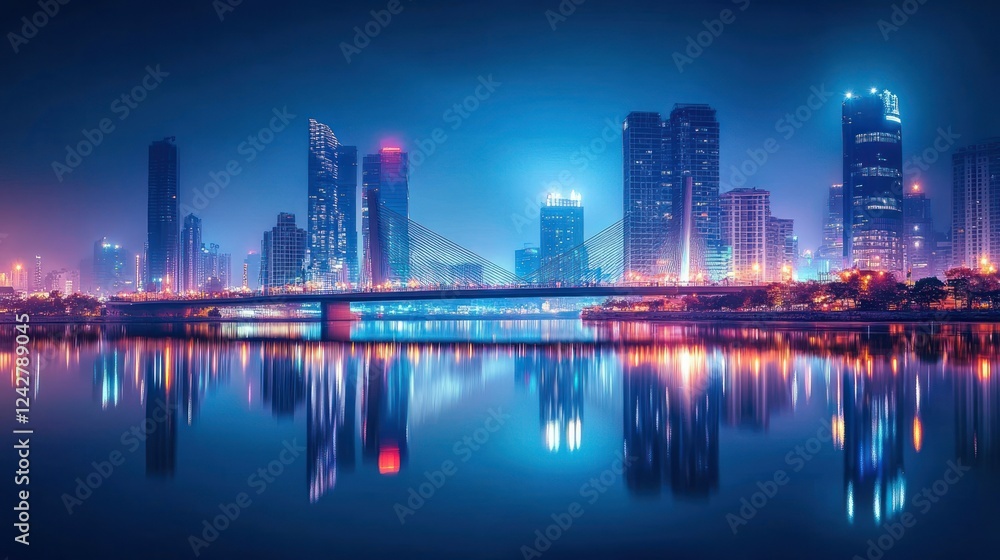 Fototapeta premium Night Cityscape Reflection: Illuminated Skyline Across Tranquil Waters