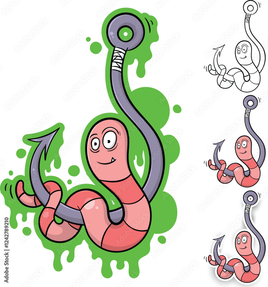 Fototapeta premium Cute cartoon worm fishing bait and hook illustration