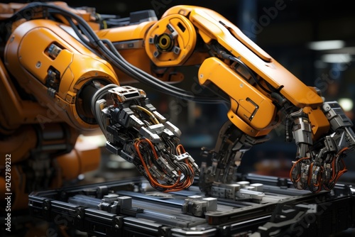 A robotic arm assembling components in a factory photo