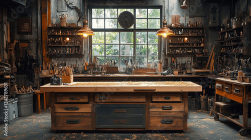 A carpenter workbench surrounded by wood shavings, vintage tools, and glowing industrial lamps photo