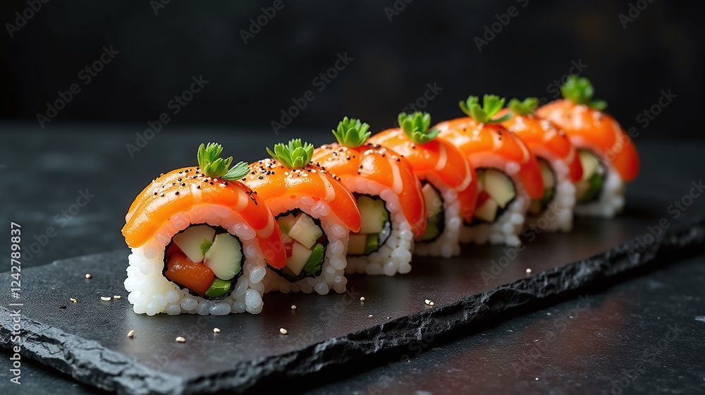 The image showcases meticulously crafted sushi rolls adorned with vibrant and fresh toppings, exuding an aura of elegance and taste. The image showcases meticulously crafted sushi rolls adorned with vibrant and fresh toppings, exuding an aura of elegance and taste.