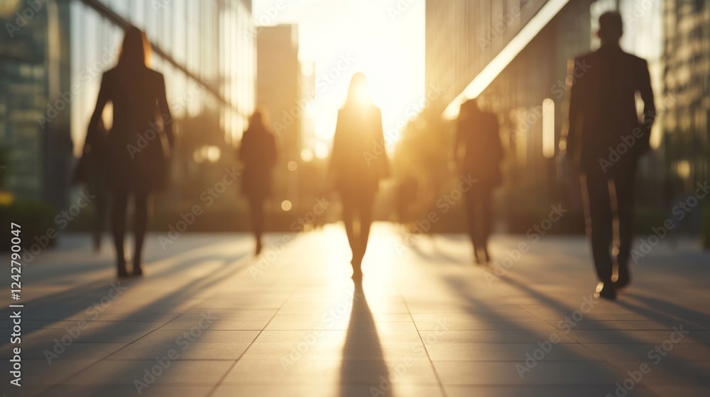 City workers walking sunset commute urban background