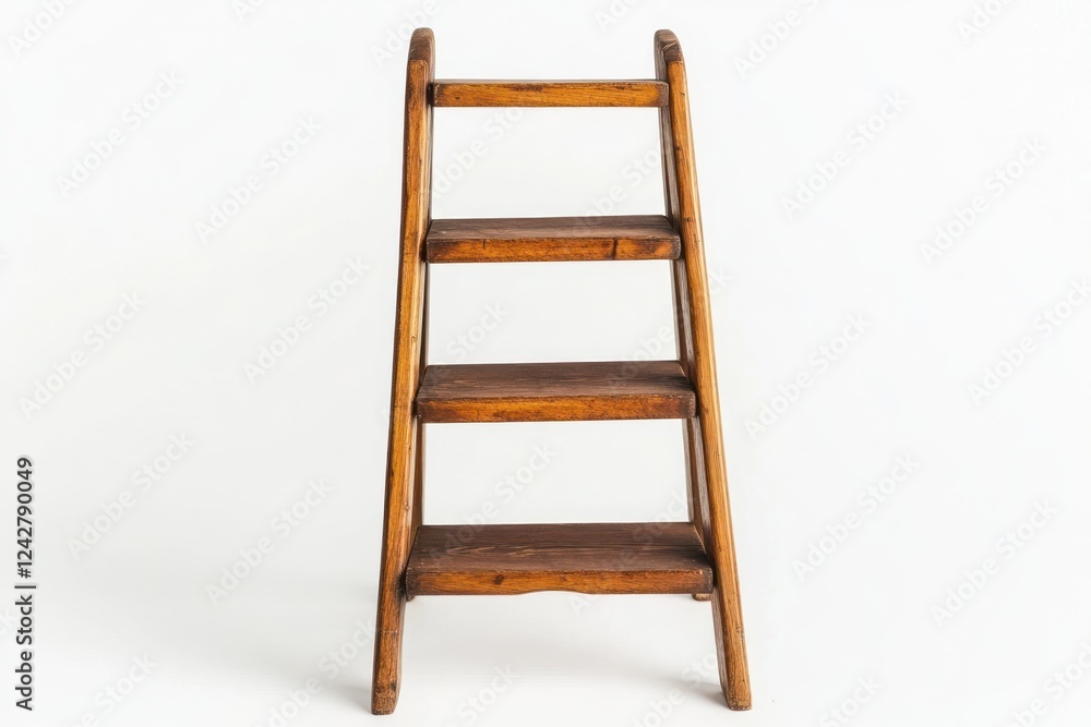 Wooden step stool, three shelves, white background, home decor Wooden step stool, three shelves, white background, home decor