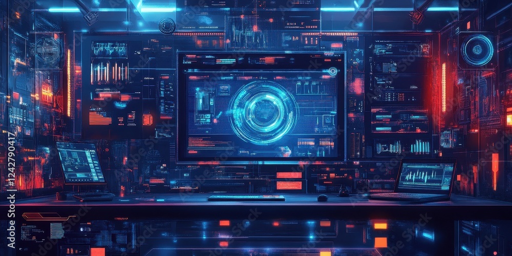 Futuristic Cyber Security Workstation With Multiple Screens Displaying Data Futuristic Cyber Security Workstation With Multiple Screens Displaying Data