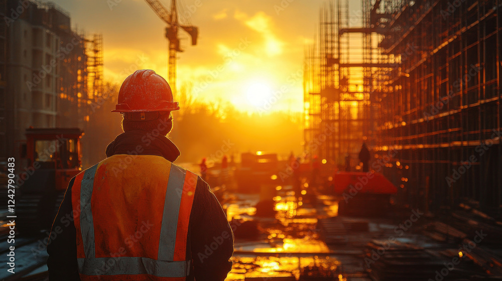 A construction site at sunrise, with workers preparing machinery for the day activities in a scenic industrial setting A construction site at sunrise, with workers preparing machinery for the day activities in a scenic industrial setting