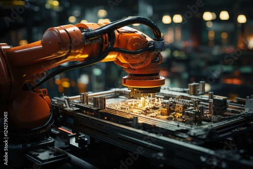 A robotic arm assembling components in a factory photo