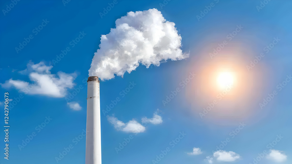Industrial smoke stack emitting white fumes under sunny skies Industrial smoke stack emitting white fumes under sunny skies