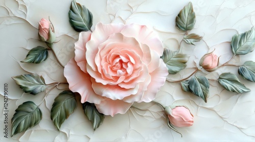 A soft pink rose with gently curled petals and fresh green leaves, beautifully displayed on a white background.