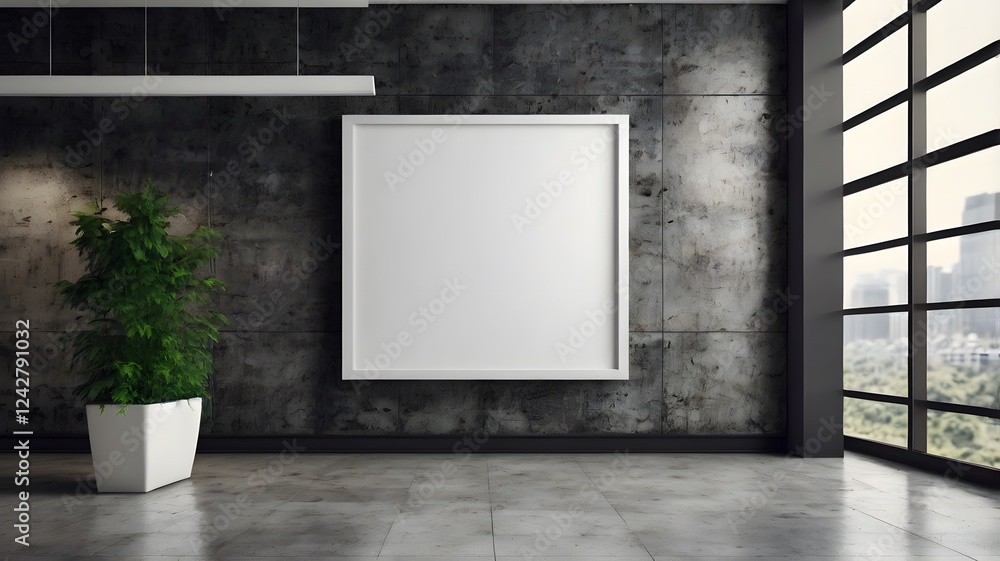 Contemporary office blank white square canvas frame display on concrete wall, empty billboard or signboard for advertising promotion or business presentation Contemporary office blank white square canvas frame display on concrete wall, empty billboard or signboard for advertising promotion or business presentation