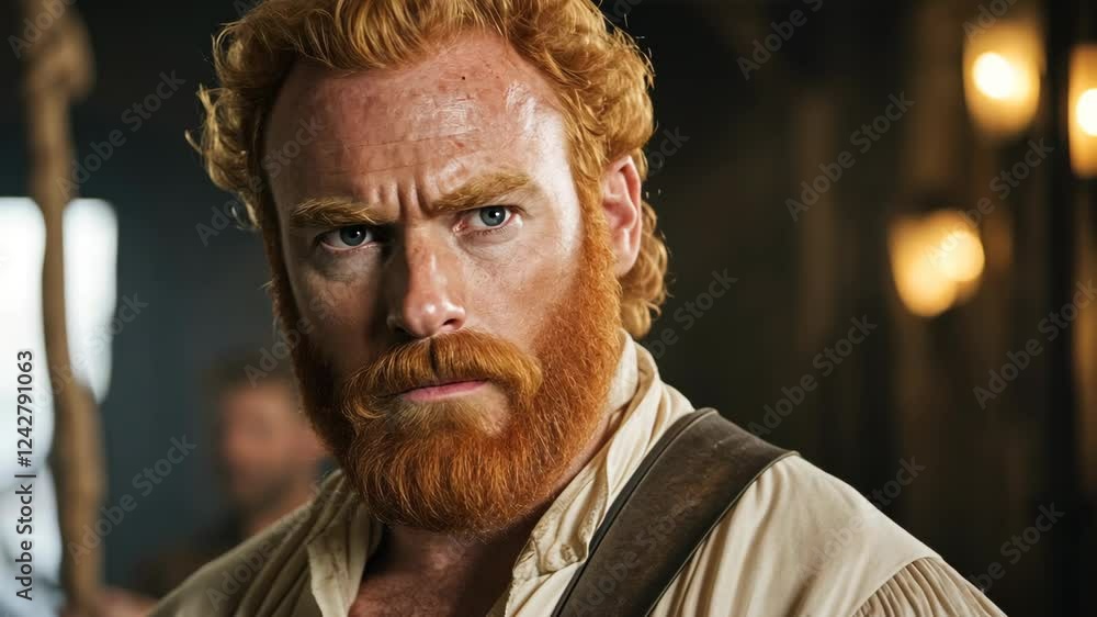 Intense expression of a bearded man in period costume during a dramatic moment in a historical setting Intense expression of a bearded man in period costume during a dramatic moment in a historical setting