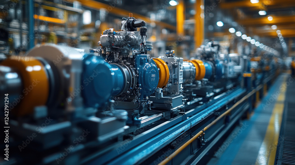 A factory producing zero-emission hydrogen engines for transportation, showcasing advanced green technologies A factory producing zero-emission hydrogen engines for transportation, showcasing advanced green technologies