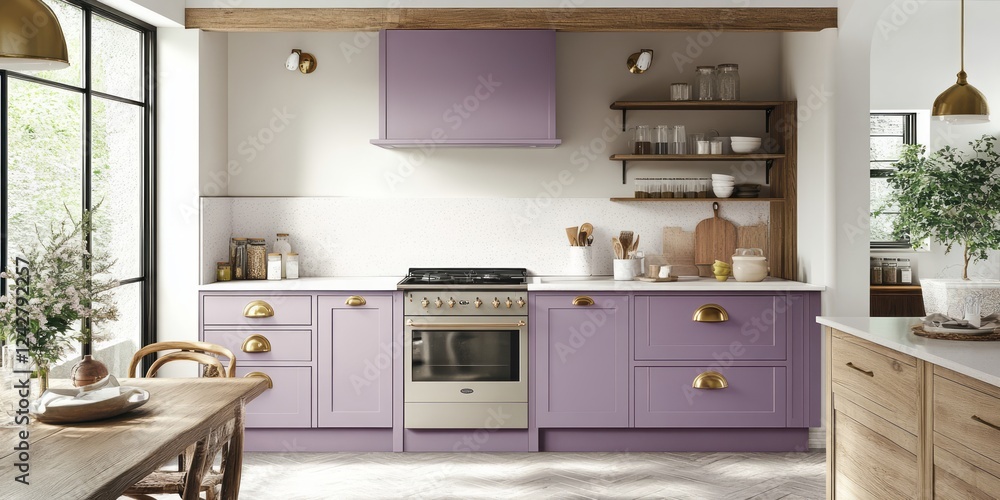 Fototapeta premium Lavender Kitchen With Wooden Accents And Farmhouse Style