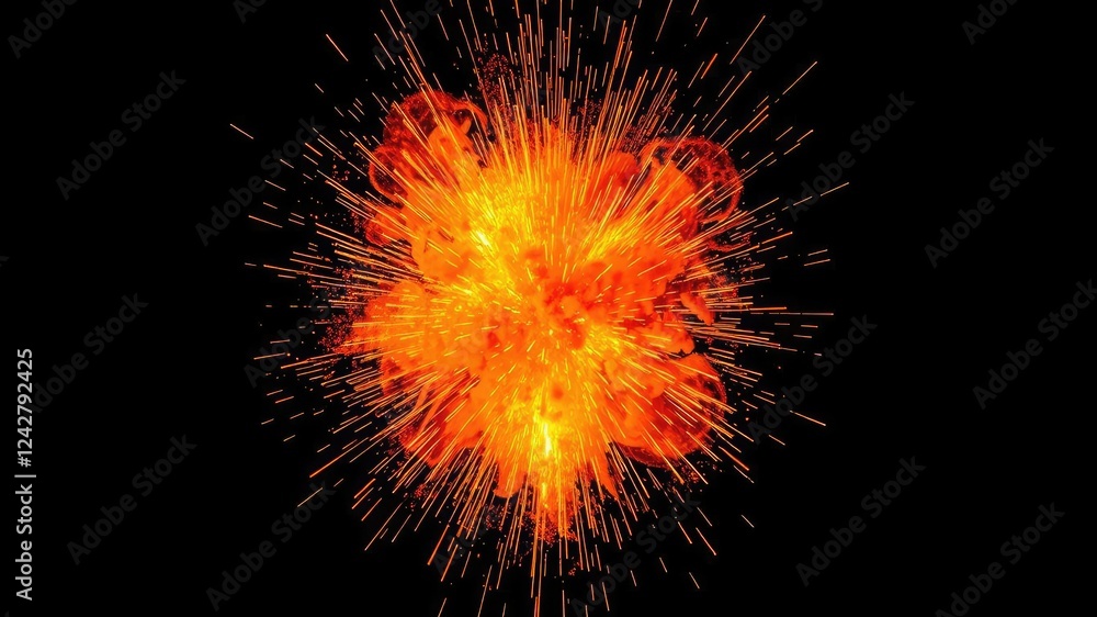 Vibrant orange explosion with sparks flying in a circular motion against a dark background, warm tones, color palette, red Vibrant orange explosion with sparks flying in a circular motion against a dark background, warm tones, color palette, red