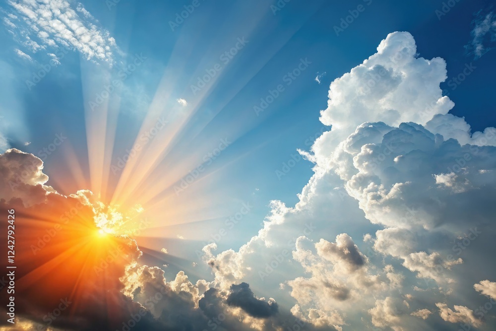 Vibrant orange and yellow sun rays peeking through puffy white clouds against a clear blue sky, colorfulclouds, yellowsun, brightblue