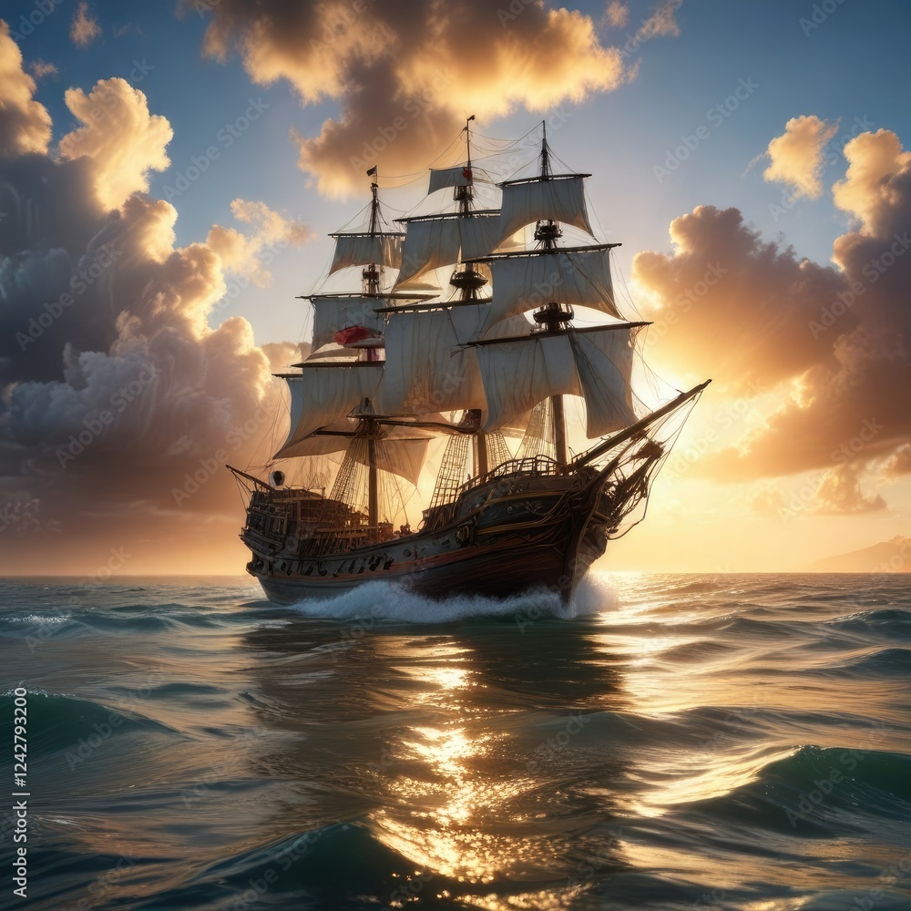Fototapeta premium Un gran barco pirata a punto de pasear por el agua tranquila mientras el sol se oculta detr?s de las nubes, horizon, vessel