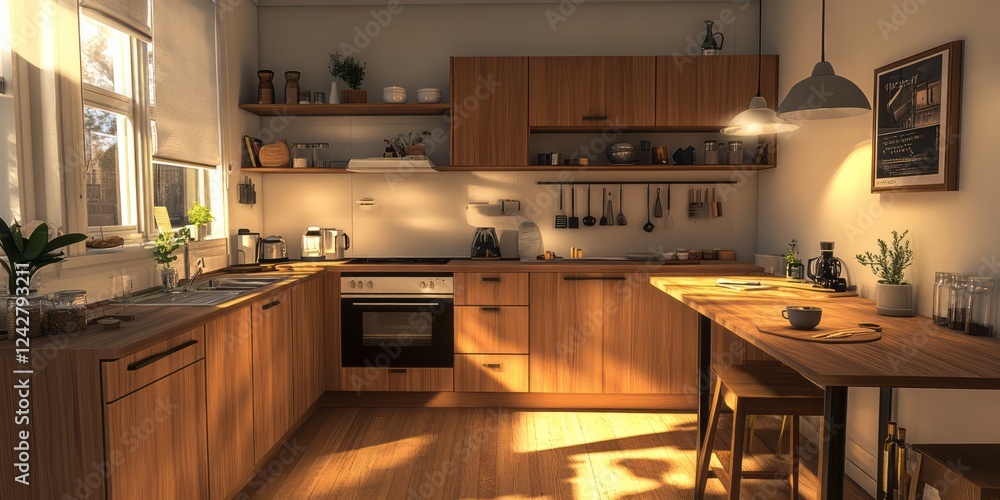 Fototapeta premium Sunlit Modern Kitchen With Wooden Cabinets And Island