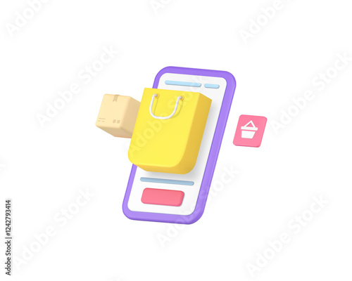 Online shopping order delivery smartphone application 3d icon realistic vector illustration. Internet shop store marketplace purchase mobile phone app business technology commercial retail