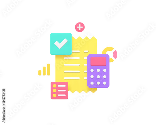 Budget tax accounting receipt financial analyzing 3d icon realistic vector illustration. Analysis calculating finance data examining chart graph control accountancy strategy plan payment bill invoice