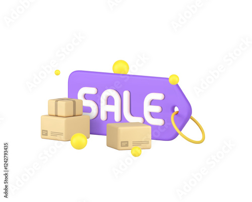 Postal parcel delivery courier service warehouse sale discount 3d icon realistic vector illustration. Commercial cargo shipment transportation business retail freight special offer price off clearance