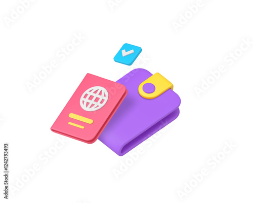 International travel global trip with passport and wallet 3d icon realistic vector illustration. World destination holiday vacation tourism buying citizen document identification immigration