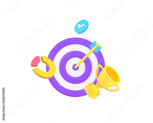 Success business strategy target achievement dartboard with arrow in bullseye 3d icon realistic vector illustration. Competition sport win aspirations leadership idea accuracy efficient management