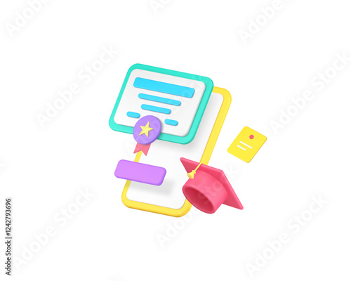 Online education diploma graduation digital school college university 3d icon realistic vector illustration. E learning remotely class lesson distant studying certificate knowledge technology