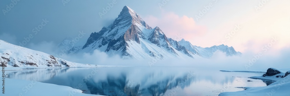 Naklejka premium Speckled snowy mountain peak with a misty atmosphere and frozen lake in the foreground, mountain, snow, frost