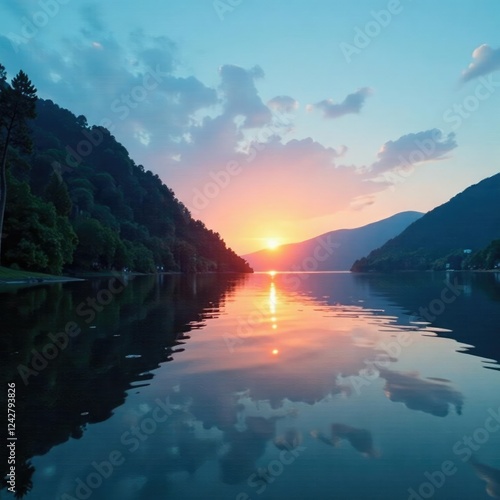 Wallpaper Mural The sun slowly peeks above the horizon, casting a warm glow on the lake's surface, , light, gentle Torontodigital.ca