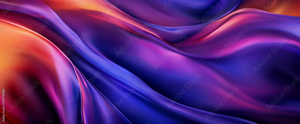 Fototapeta premium Close-up of vibrant flowing silk fabric in hues of purple, pink, and orange, showcasing smooth texture and luxurious feel, ideal for design, fashion, and textile-related concepts.