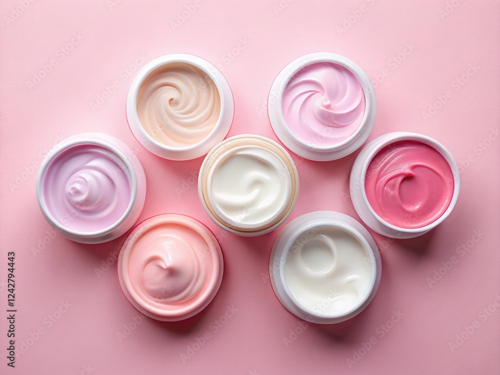 Silhouette of Face Cream Jars on Pink Background - Flat Lay Beauty Product Photography Silhouette of Face Cream Jars on Pink Background - Flat Lay Beauty Product Photography
