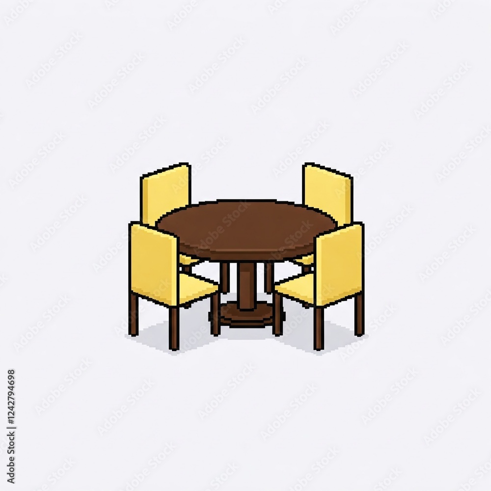 A round wooden dining table and four dining chairs in pixel art style. A round wooden dining table and four dining chairs in pixel art style.