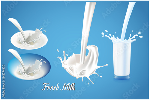 Set of 3D vector milk splash and pouring