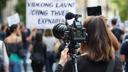 Protest for media rights at a demonstration in the city with a focus on photography and journalism