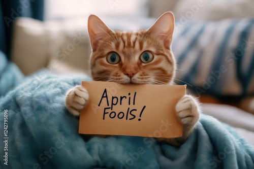 Ginger cat playfully holding a sign reading April Fools while cozily nestled under a soft blue blanket, radiating humor and charm photo