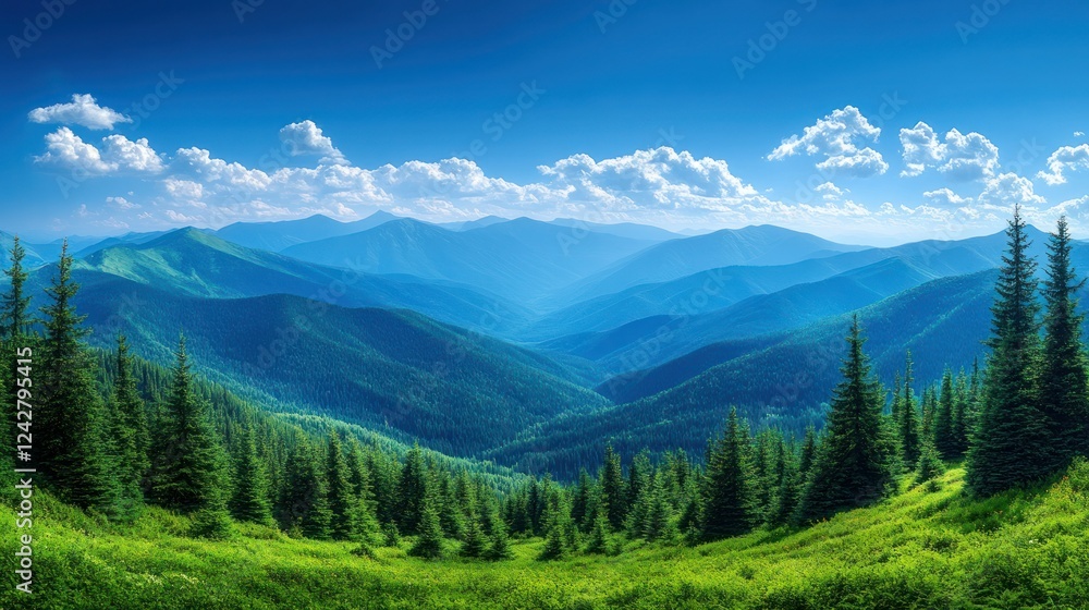 Fototapeta premium Mountain Panorama, Sunny Meadow, Evergreen Forest, Peaceful Scenery, Wide Landscape