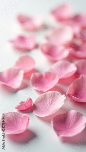 Delicate rose petals scattered on a soft white background with gentle bokeh effect, delicate, white, petal