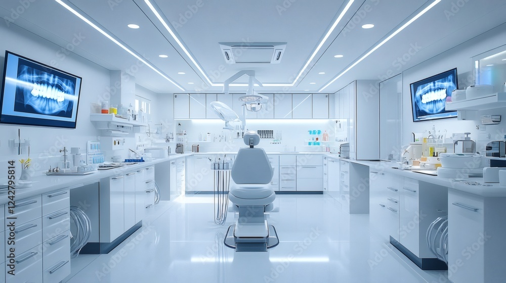 Hightech dental clinic with neatly organized treatment instruments medicine trays and digital Xray machines creating a clean and professional treatment area Hightech dental clinic with neatly organized treatment instruments medicine trays and digital Xray machines creating a clean and professional treatment area