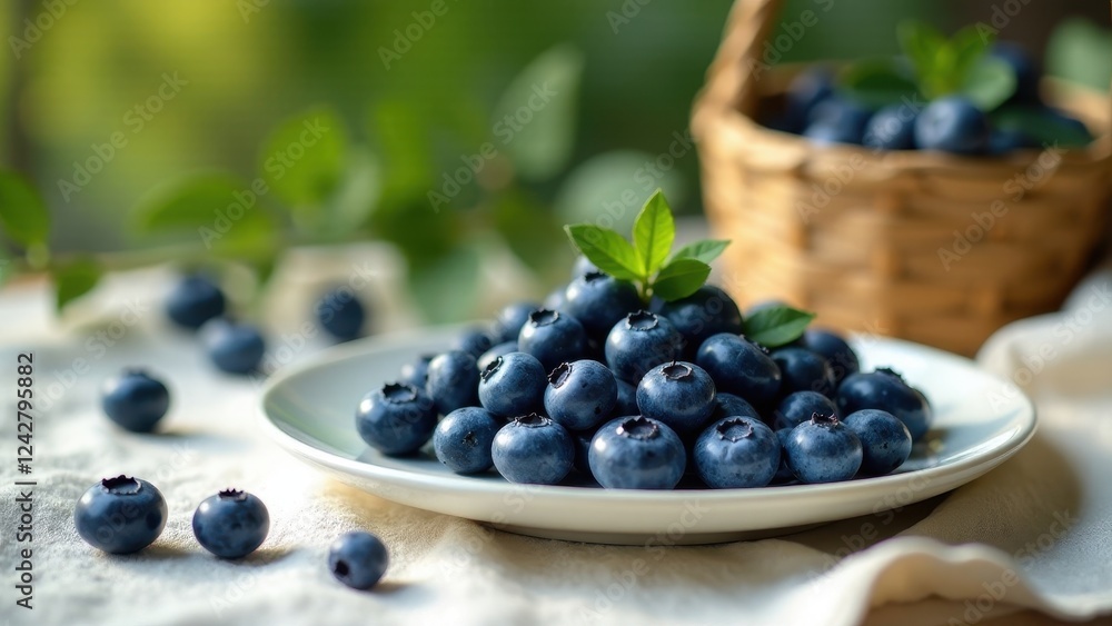 Fresh blueberries in a white bowl on a linen tablecloth with a blurred background of greenery and a wicker basket Fresh blueberries in a white bowl on a linen tablecloth with a blurred background of greenery and a wicker basket