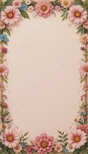 A frame of spring flower with copy space for text, featuring floral design elements like flowers, leaves, and a vintage texture, perfect for a spring, valentine greeting card photo