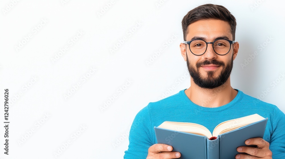 Smiling Man Reading a Book, Calm Intellectual Portrait Smiling Man Reading a Book, Calm Intellectual Portrait