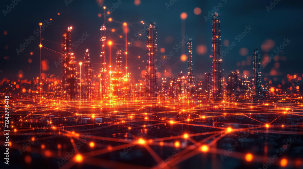 Fototapeta premium Digital icons on a holographic display representing smart city infrastructure and industrial connectivity