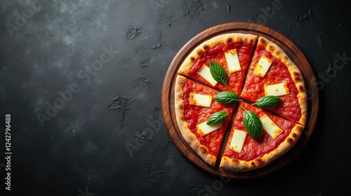 A delectable Margherita pizza with fresh basil leaves and melted cheese, resting on a wooden board. photo