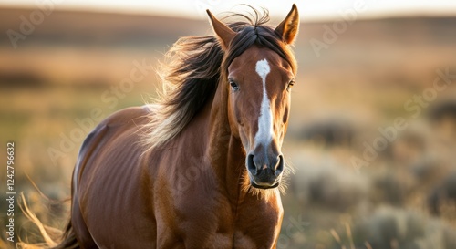 Majestic brown horse running gracefully in sunlit meadow photo