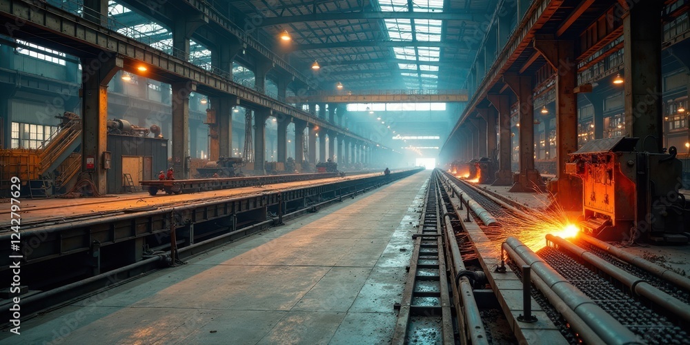 Fototapeta premium Industrial Facility Intense Sparks Fly During Metalwork Process in Large Factory