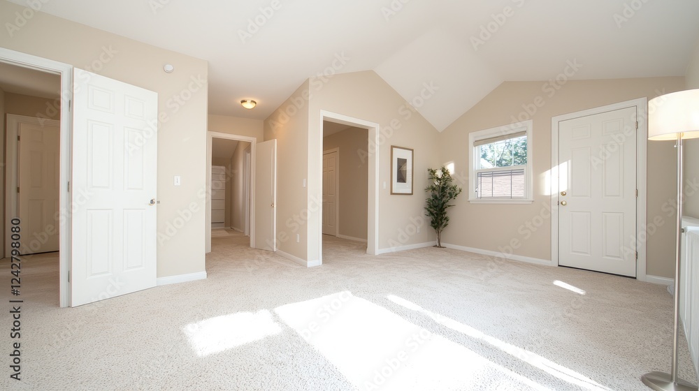 Sunlit attic bedroom, open floor plan, beige walls, carpet Sunlit attic bedroom, open floor plan, beige walls, carpet